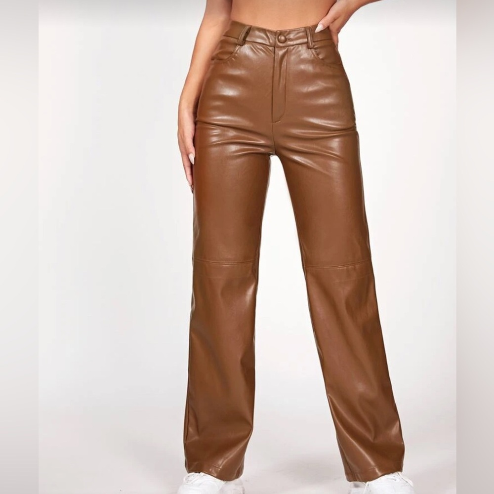 High-Waist Vegan Leather Wide-Leg Pants - Brown